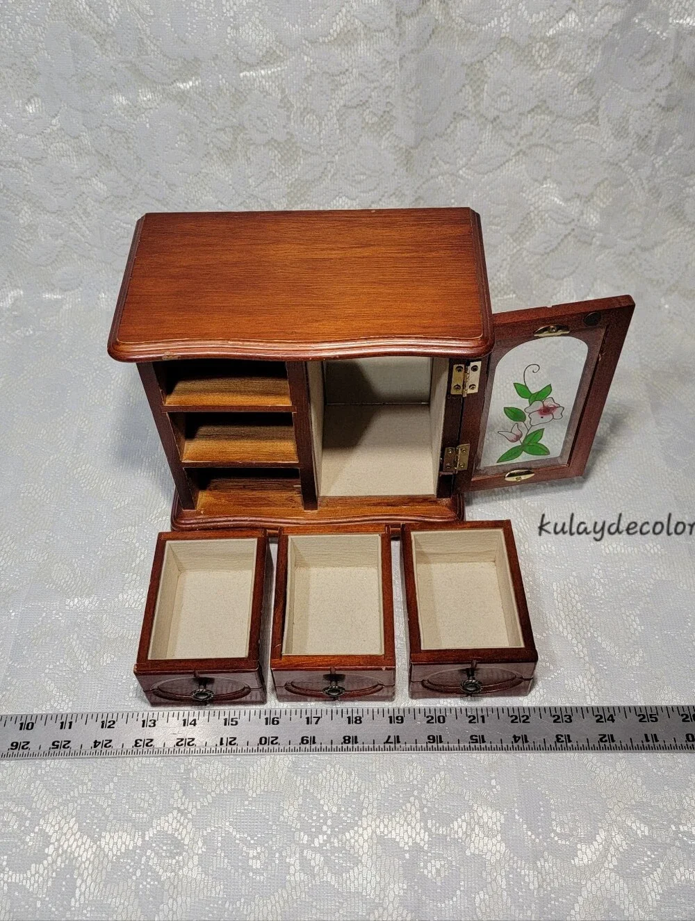 Vintage Wooden Jewelry Box Organizer 3 Drawer Mirrored Floral Glass Door Trinket